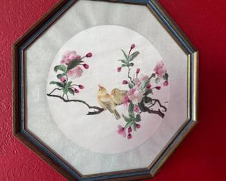 2pc Octagon Asian Silk Framed Tapestry Pair Birds on Cherry Blossom	Frame:14.75x14.75in	113062
