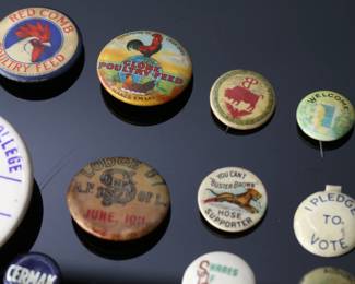 Lot of 44 miscellaneous Pin Back Political Comic Advertising Etc. Pinbacks	Largest: 2.2in Diameter	119037
