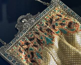 Mandalian Art Deco Chainmail Metal Bag/Purse with Enamel Bead Fringe 1920s	9x4.25in	124124