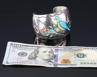 Vintage Navajo Wayne Silvers Bird Inlay Cuff Bracelet Turquoise Coral MOP Inlay Silver  W.	Inside circumference with gap: 6.5in Width: 1.95in	112003