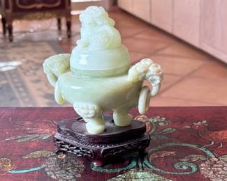 A Chinese Carved Jade Bowenite Tripod Censer with Foo Lion	6.5in H	113018
