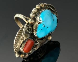 Vintage Signed Navajo Turquoise, Coral & Silver Ring Native American Pawn SZ: 8.5	Size: 8.5 Centerpiece:42x 26.5mm	112005