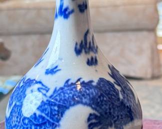 Antique Chinese Blue & White Porcelain Dragon Bottle Vase	7.5in H	113020
