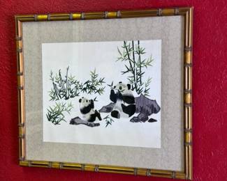Vintage Chinese Art Silk Hand Embroidered PANDA Bamboo	Frame: 15x17in	113070
