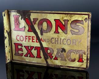1930s Antique English Lyons' Coffee and Chicory Extract Double Sided Flange Enamel Sign Advertising	11.75x18x1.5in<BR>Gauge: 3mm	124020