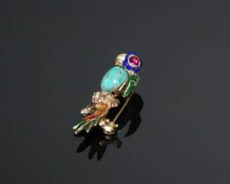 14k Gold Turquoise Enamel Parrot Bird Pin Brooch 14kt	23x14x10.5mm	113108