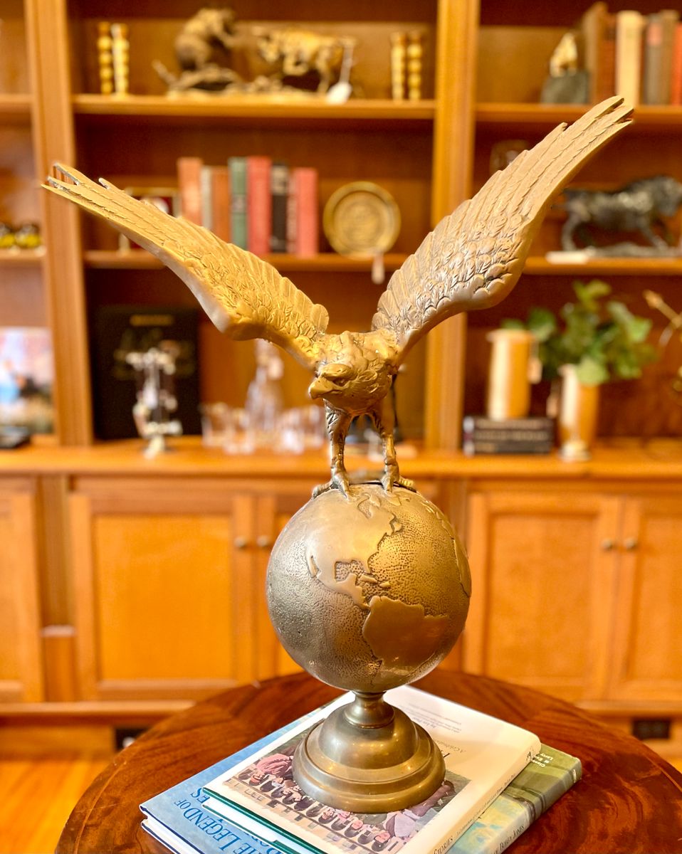 SOLD - Brass Eagle on globe sculpture, vintage, its spins!  - 21x9x24