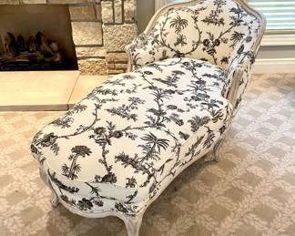 $SOLD - Chaise lounge with a loose seat cushion - existing fabric removed, down feathers added to seat cushion unit, chaise lounge repadded and reupholstered with self double welt cord trim  (as is)- 30x60x32