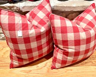 SOLD) - custom made, down filled, red checked pillows - (2 available)