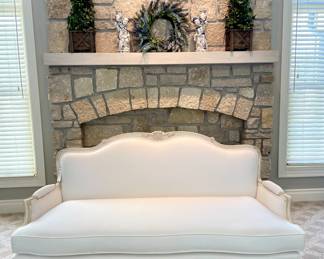 SOLD  custom- upholstered and hand-finished, petite camel-back sofa - 65x27x37