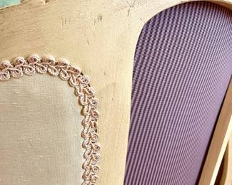 $850 each (2 available) - closeup of back detail - custom-upholstered, hand-finished, French-inspired floral armchair with lavender back - 33x34x39  (Pillows sold separately)