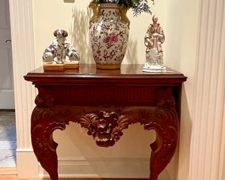SOLD each (2 available) - beautiful, vintage carved side table with claw feet (attaches to wall) - 31x21x32;                 SOLD- pair of vintage, porcelain staffordshire floral dogs - 8”h;                                                                                                                     $70 - vintage porcelain French liqueur bottle - 12”h
