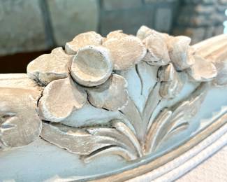 SOLD custom- upholstered and hand-finished, petite camel-back sofa - closeup of wooden trim