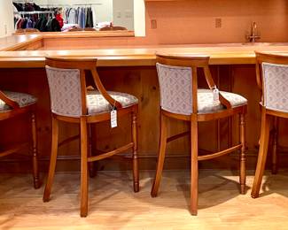 SOLD each) - custom upholstered bar height hand stained stools - 21.5x 20.5x43.5 (seat height 29) - (4 available)