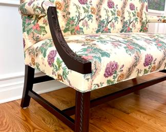$1500 each (2 available) - closeup of detail - custom-upholstered, hand-finished, French-inspired floral settee - 60x30x41