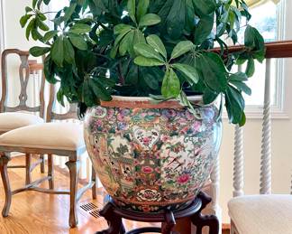 SOLD  hand painted Chinoiserie fish bowl Jardiniere on wooden stand with faux plant -  22x29h without plant; 54h with plant
