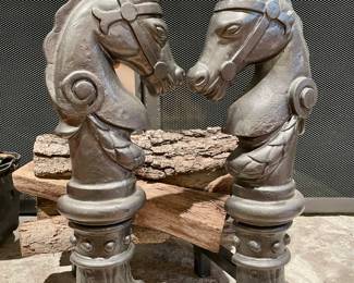 SOLD  Pair of cast iron horse head andirons - heavy!!  21lx9wx23