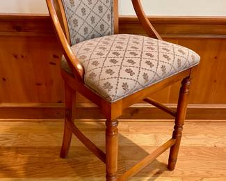 Detailed view of SOLD each) - custom upholstered bar height hand stained stools - 21.5x 20.5x43.5 (seat height 29) - (4 available)