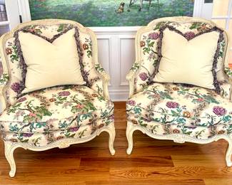 $850 each (2 available) - custom-upholstered, hand-finished, French-inspired floral armchair with lavender back - 33x34x39  (Pillows sold separately)