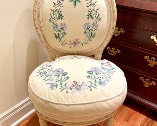 SOLD - Beautiful vanity chair; custom upholstered, down filled, hand embroidered in France - 19x15x36