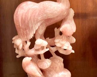 SOLD each)- Rose Quartz chinoiserie flamingo sculpture with carved wooden base - 8x13 (2 available)