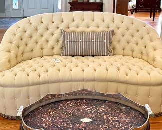 SOLD custom upholstered, silk-blend, tufted irovy sofa with detailed trim - 74x39x39;          SOLD - wooden cocktail table with removable silver tray with tortoise shel lining (as is) - 39x25x23