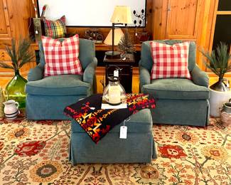 SOLD - Custom upholstered, swivel club chairs by Beachly and ottoman. 