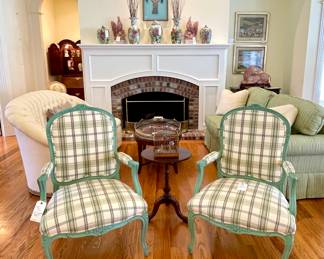 SOLD each (2 available) - custom-upholstered green, plaid chair with hand-painted finish - 26x22x40