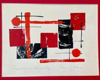 $200 - signed original David H. Gettens “Composition in Red and Gray” 1970 - 17x15