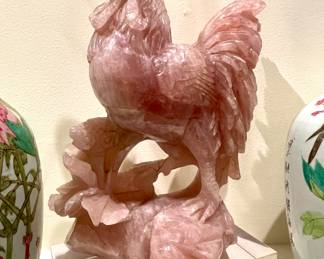 SOLD h) - Rose Quartz Rooster Sculpture on lucite block - 12x6x18 (rooster), 10.x5.5x3 (stand) - (2 available)