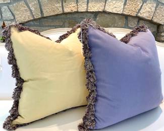 SOLD each - custom-made, down-filled throw pillow with fringe, one in pale yellow and one in pale purple - 20x20