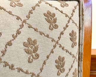 Detailed view of SOLD.  (each) - custom upholstered bar height hand stained stools - 21.5x 20.5x43.5 (seat height 29) - (4 available)