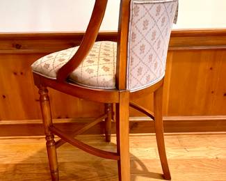 Detailed view of SOLD each) - custom upholstered bar height hand stained stools - 21.5x 20.5x43.5 (seat height 29) - (4 available)