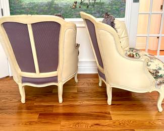 $850 each (2 available) - back view - custom-upholstered, hand-finished, French-inspired floral armchair with lavender back - 33x34x39