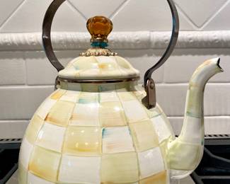 SOLD - Mackenzie Childs parchment check 2 Qt kettle 