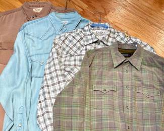 $42 - Ryan Michael silk and cotton shirt with stitching, size L;                                                                                                                   SOLD - Ryan Michael tencel pearl snap chambray shirt with stitching, size L;                                                                                       SOLD - Ryan Michael cotton flannel plaid shirt with pearl snaps and stitching;                                                                                     SOLD - Longrdge plaid courderoy pearl snap shirt 