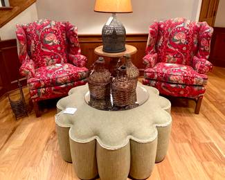 SOLD- custom wingback by Beachly - 33x25x42 (2 available); $1550 large ottoman custom upholstery on casters - 16x44; SOLD rattan demijohn - 9x15 (2 available); SOLD - rattan demijohn- 8x13; $14 - magazine rack; $14 - circular mirror; SOLD vintage basket lamp with natural fiber - 30 tall; SOLD pedestal drum table solid wood - 24dx27.5h