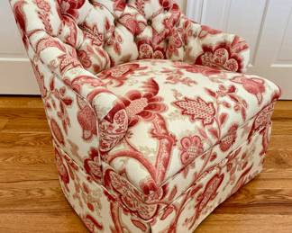 SOLD - custom upholstered, tufted, barrel-back chair - 29x27x31