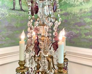 SOLD each (2 available) - Louis XV-style girandole console candelabra with four lights and purple, interchangeable crystals - 12d x 29h