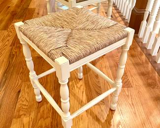 SOLD each) - Ballard Designs rubbed white rush seat counter stool - 16.5x16.4x24 ( 4 available)
