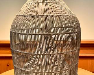 SOLD Detailed view of vintage basket lamp with natural fiber - 30 tall