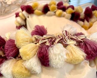 SOLD ach (2 available) - close-up of fringe - custom-made, down-filled throw pillow with Pom-Pom tassel fringe - 20x20