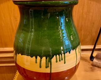 $250 (each)- Tri colored painted pottery table lamp with brass top and custom shade, - 19x30 (2 available)