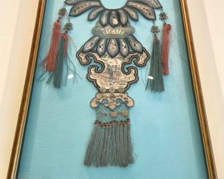 SOLD - silk-embroidered Chinoiserie cloud collar in gold 3-D frame on silk background - 18x33