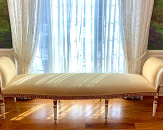SOLD - glamorous, French-inspired, hand-finished ivory sleigh bench with gold-gilded accens- 100x24x32