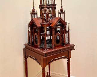 SOLD - Victorian mahogany carved sacre coeur cathedral Paris France bird cage with removeable central dome - 70x21