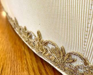 SOLD custom upholstered, silk-blend, tufted irovy sofa with detailed trim, close up of trim