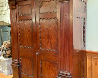 $1200 - large antique armoire, 2 pieces, adjustable shelves, antique hardware, hand crafted,  beautiful wood grain (as is; damage on the left side. ) - 64x23x87 (75 height without the top; top is removable)