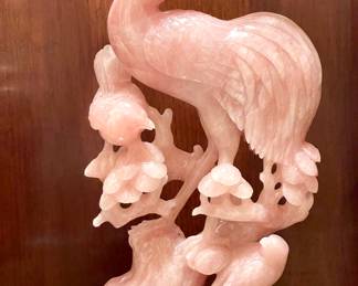 SOLD each)- Rose Quartz chinoiserie flamingo sculpture with carved wooden base - 8x13 (2 available)