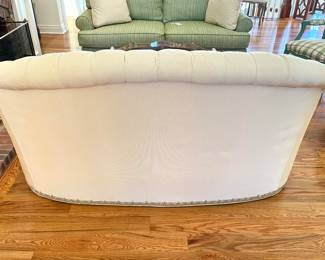 SOLD custom upholstered, silk-blend, tufted irovy sofa with detailed trim - 74x39x39